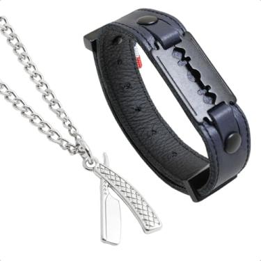 Imagem de GRANADO ACESSÓRIOS, Kit Colar Corrente Prateado Navalha e Pulseira Couro Azul Lâmina All Black - AM