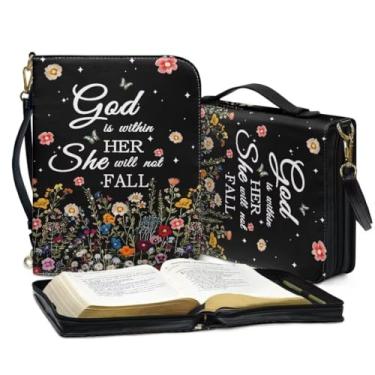 Imagem de Coldinair Capa floral da Bíblia para mulheres, God is Within Her PU Leather Bible Cover Bag Grande Study Bible Tote Bag Carry Book Escritura Journaling Notebook Protector