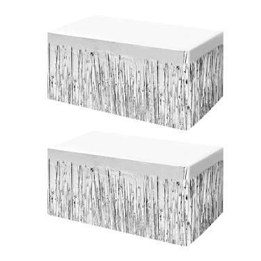 Imagem de Saias de mesa com franjas metálicas de 2 metros x 73 cm para mesas retangulares, cortinas de pano de fundo, suprimentos de festa, casamento, aniversário, boias de desfile, decorações de Natal (prata, 2)