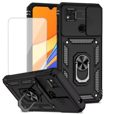 Imagem de Yodueiv Capa protetora para Redmi 9C/Redmi 10A/Redmi 9C NFC/Redmi 9 Activ com protetor de tela de vidro temperado e capa de câmera deslizante, anel magnético para carro para Xiaomi Redmi 9C preta