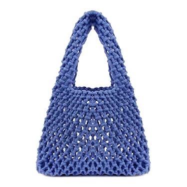 Imagem de Naimo Bolsa de praia de palha grande de tecido de vime, bolsa de ombro com rede de pesca, bolsa de corda de algodão, bolsa Hobo de crochê de verão, Azul, One Size