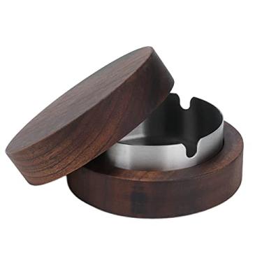 Imagem de Lwuey Cinzeiro compacto de madeira com tampa, bandeja de cinza de cigarros de aço inoxidável destacável forro conveniente fácil manutenção à prova de vento ideal para escritório em casa pátio restaurante bar hotel café (prata)