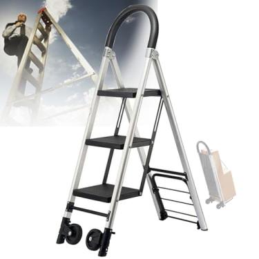 Imagem de 星姿 Escada dobrável de três degraus com duas rodas, carrinho de carga de 60 kg, escada de espinha de peixe com alça e degraus alargados, alumínio de 1,2 mm de espessura, haste de reforço duplo,