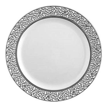 Imagem de Pratos de jantar brancos de plástico com aro prateado - 22,86 cm | Coleção Inspiration | Pacote com 10
