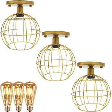 Imagem de 3 Lustre Teto Plafon + 3 Lâmpada Led St64 Industrial Aramado Globo Ret