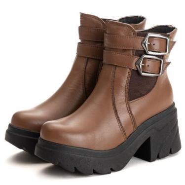 Imagem de Bota Feminina Tratorada Salto Grosso 6731 Pettinari Couro : 2 Fivelas 