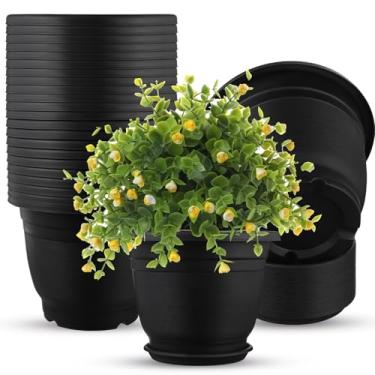 Imagem de Sunnychicc Pacote com 12 vasos de plástico para plantas, vasos redondos com bandeja de pires, furo de sementes, resina, vaso de plantas, recipiente de flores para berçário com palete para jardim ao ar