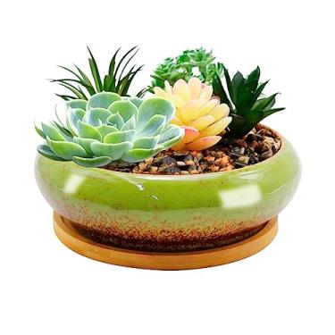 Imagem de LIDSCURA Vasos de bonsai de cerâmica de 18,8 cm com bandejas, plantadores rasos, suculentas com orifício de drenagem, vasos grandes e rasos redondos, vasos de bonsai para jardim decorativo de cacto,