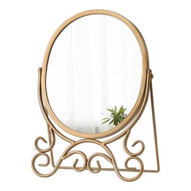 Imagem de Sintosin Espelho vintage dourado de 25,4 x 38,5 cm, espelho oval de mesa com moldura de metal, espelho de maquiagem antigo com suporte para mesa, espelho rústico pequeno para mesa, espelho emoldurado