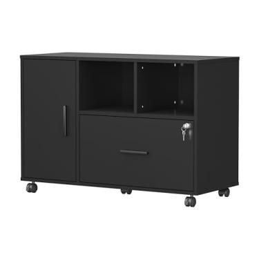 Imagem de Armário de arquivo de madeira com trava, armário de arquivo lateral de escritório de madeira com 1 gaveta com rodas suporte de impressora móvel com prateleira de armazenamento aberta para arquivos de