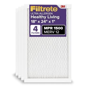 Imagem de Filtrete Filtro de ar para forno CA 18 x 24 x 1, MERV 12, MPR 1500, certificado para asma e alergias, filtro eletrostático de limpeza de ar plissado de 3 meses, pacote com 4 (tamanho real 45 x 60 x 2