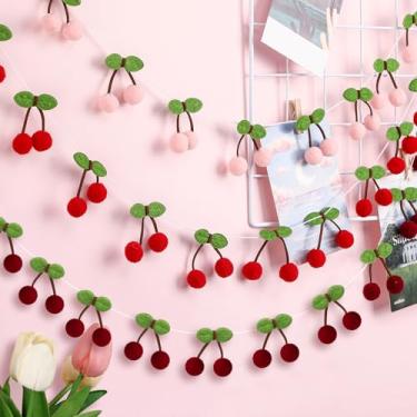 Imagem de Jexine 3 peças de decoração de cereja cereja decoração de festa de cerejas de verão pom pom faixa de feltro 1,5 m colorido DIY enfeites de pendurar frutas para aniversário de bebê casamento (vermelho