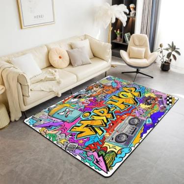 Imagem de jejeloiu Tapete de área de decoração hip hop 3x5 tapetes hippie estilo grafite para sala de estar quarto graffiti gráfico cultura de rua tapete decorativo arte grunge