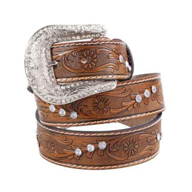 Imagem de Cinto Country Feminino Em Couro Floral Fivela Strass Removivel - Pampa