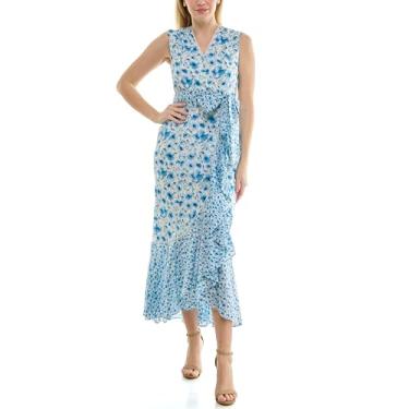 Imagem de Maison Tara Vestido maxi feminino sem mangas com decote em V floral e laço frontal, Jeans marfim, 38
