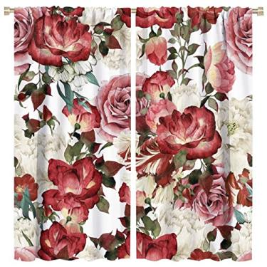 Imagem de Cortinas de flor rosa retrô românticas aquarela floral rosa vermelha rosa branca sala de estar quarto cozinha varão bolso blackout cortinas de janela 106,66 x 114,3 cm