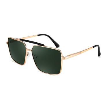Imagem de FEISEDY Óculos de sol aviador polarizados modernos femininos masculinos retrô quadrado ponte dupla metal 90s Shades B0098, Armação dourada, lente verde, 52MM