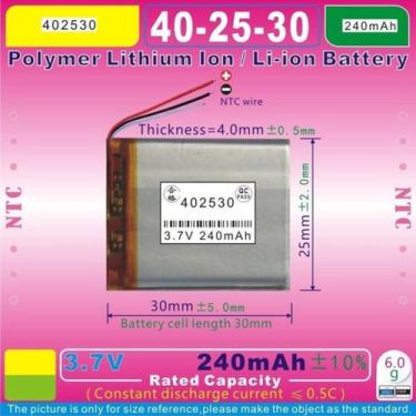 Imagem de Bateria 3.7v 240 Mah 4mm X25mm X30mm 3 Fios 402530 - bgb