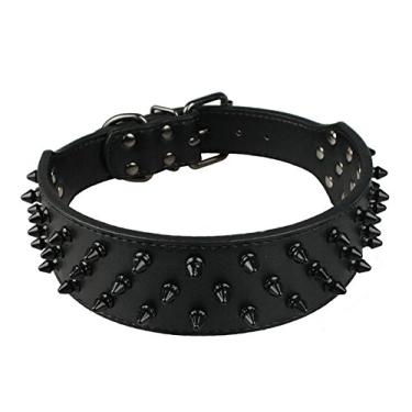 Imagem de Coleira para cachorro Dogs Kingdom em couro preto com pontas de 5 cm de largura, 31 espigas 52 pit bull, gola boxer