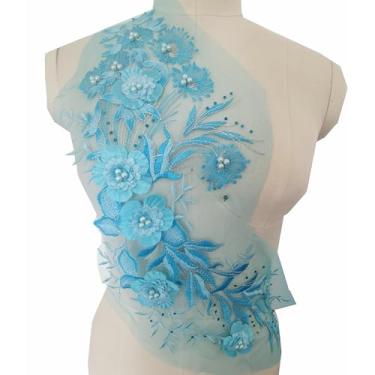 Imagem de Aplique de renda floral 3D bordado com apliques de flores com pérolas costuradas em remendos roupas de noiva casamento vestido de dança decoração (azul celeste)