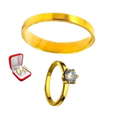 Imagem de Aliança Reta Lisa Luxo 3mm Ouro 18k Casal + Anel 2mm Solitario Dourado