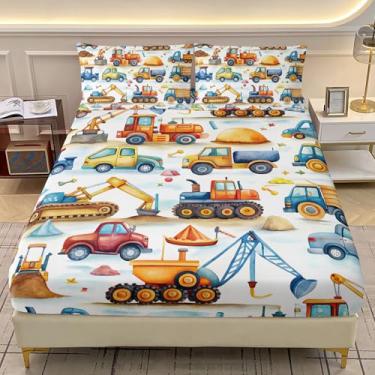 Imagem de AILONEN Jogo de lençol solteiro com elástico, caminhão de construção, trator, escavadeira, para todas as estações, 3 peças, 1 lençol com elástico e 2 fronhas, macio