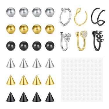 Imagem de AVYRING Anel de nariz falso, anel de sobrancelha falso, lábio, labret, bolas de substituição, adesivo, brincos, punhos, brinco pequeno, argola, joia corporal sem piercing