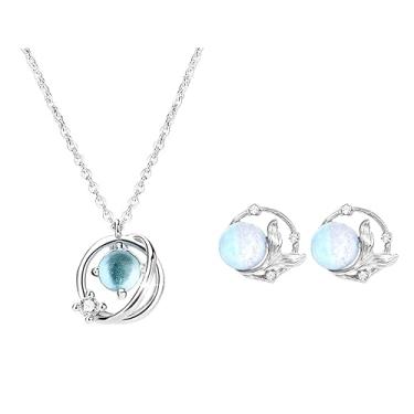 Imagem de MALOYANVE Conjunto de joias Galaxy Planet, colar de corrente de prata e brincos de gota com pingente de cristal azul, joia com tema espacial, Medium, Metal, Sem Pedra Preciosa
