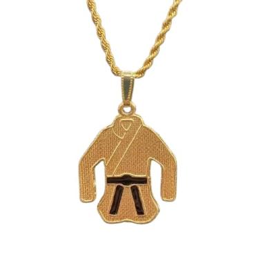 Imagem de Cordão Masculino Baiano Dourado com Pingente Quimono Jiu-Jitsu Judo Faixa Preta Banho Ouro 18k (45cm)