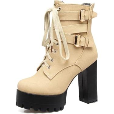 Imagem de Fivela Feminina Plataforma Lace-up Ankle Boots Moda Pu Couro Chunky Botas De Salto Alto, Beige, 6 UK