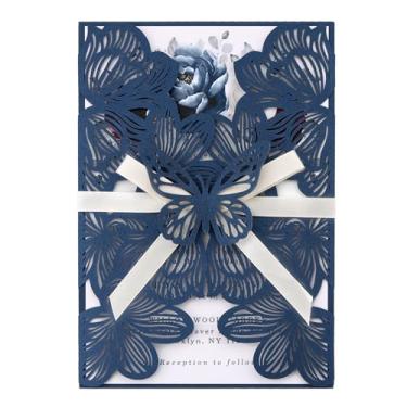 Imagem de Conjunto de 50 convites de casamento de borboleta azul marinho com envelopes e cartões Rsvp, 250GSM feito em papel perolado, folhas internas em branco personalizadas para chá de panela, noivado de