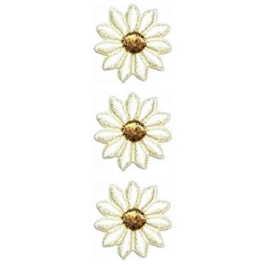 Imagem de Conjunto de 3 peças mini margaridas brancas pequenas flores desenhos animados remendos flores bordadas ferro sobre aplique para roupas, jaquetas, camiseta, jeans, saia, coletes, cachecol chapéu