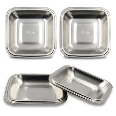 Imagem de Pacote com 4 pratos de jantar de aço inoxidável, conjunto de pratos pequenos de aperitivo de 11,5 polegadas para alimentos, bandejas de metal espesso de 113 g para acompanhamentos, sobremesa, lanche