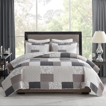 Imagem de PERHOM Conjunto de edredom king size, 3 peças, 100% algodão, acolchoado, com 2 fronhas, estampa botânica xadrez de fazenda, leve e reversível, marrom/bege/cinza