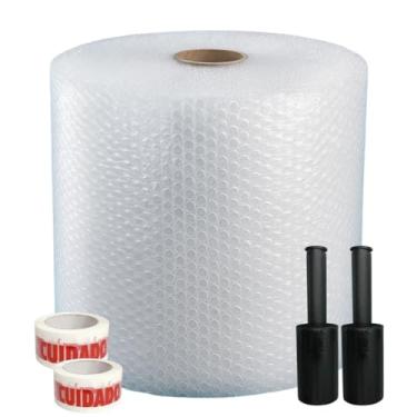 Imagem de Kit Proteção Premium – Plástico Bolha 40cmx100m + 2 Stretch Embala Tudo Preto + 2 Fita Adesiva Cuidado Frágil 48mmx50m