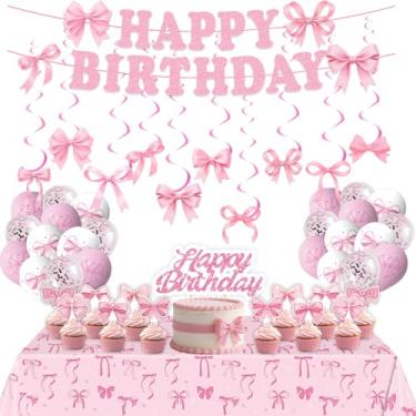 Imagem de Decorações de aniversário de laço rosa, decorações de festa de chá de bebê incluem faixa de feliz aniversário com tema de arco de menina, topos de bolo, balões, decoração de toalha de mesa para