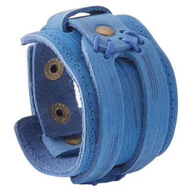 Imagem de GORGECRAFT Pulseiras masculinas de couro genuíno punk azul em couro bovino nórdico estilo motociclista gótico ajustável viking com cordão de pulso largo, pulseira, bijuteria, fantasia para mulheres e