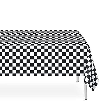 Imagem de LIKAJON Pacote com 3 toalhas de mesa quadriculadas pretas e brancas, toalhas de mesa de plástico para festas descartáveis, 137 x 274 cm, toalha de mesa impermeável preta quadriculada para aniversário, festa, piquenique, escola