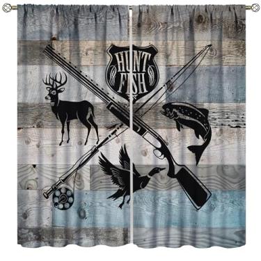 Imagem de Cortinas de pesca, vintage rústico caça tábua de madeira impressão decoração de casa para quarto sala de estar cozinha janela tratamento conjunto 2 painéis tamanho total 107 cm L x 114 cm C polegadas