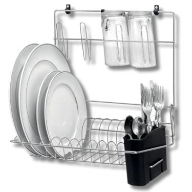 Imagem de Cook home, Escorredor de Louça de parede, com Suporte para Talheres, Copos e Pratos Drenagem Automática Escorredor de Louça Em Aço Cromado, Compacto Moderno 37,5x32cm