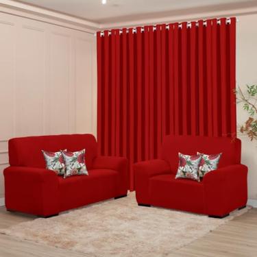 Imagem de Kit Sala Liso, Capa Sofá 2 e 3 Lugares, Cortina 3m, 4 Capas Almofada, Poliéster (VERMELHO)