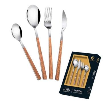 Imagem de Conjunto 24 Talheres Cabo Tipo Madeira Garfos Facas Colheres - XPERT