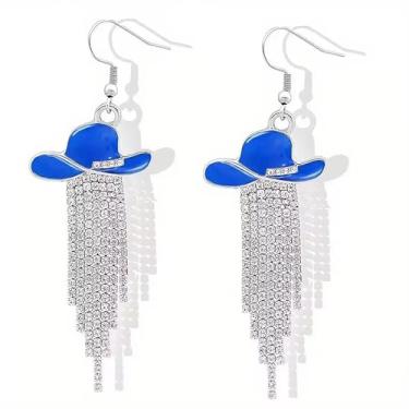 Imagem de LKingel Brincos femininos de chapéu de caubói com strass e borla de strass boho, brincos de caubói, botas de caubói, brincos de bota de caubói country concerto roupas de rodeio joias presente, Metal