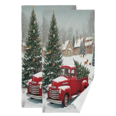 Imagem de Pfrewn Conjunto de 2 toalhas de mão de Natal inverno caminhão boneco de neve cachorro floresta toalha de banheiro 40,66 x 76,2 cm toalha de banho para hóspedes pendurada cozinha toalha de prato