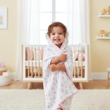 Imagem de Toalha de Banho Bebê Infantil Rosa com Capuz 3 Pano de Boca Sortido Ba