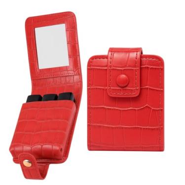 Imagem de Estojo Porta Batom de Couro PU com Espelho – Organizador Portátil de Maquiagem para Viagem, Cabe até 3 Batons, Design Croco, Vermelho