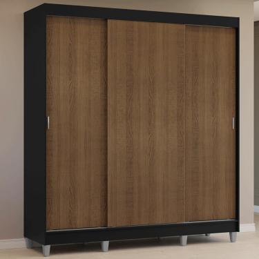 Imagem de Guarda-roupa Casal Com Pés 3 Portas De Correr Preto Rustic Reno Madesa