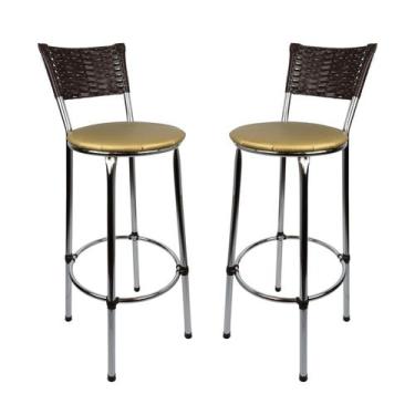 Imagem de KIT 2 Banquetas Alta Cromada Junco CAFÉ Cozinha Balcão Bancada - ESPAÇ