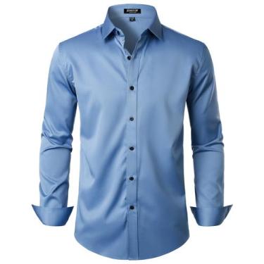 Imagem de Camisa social JEMITOP Stretch Wrinkle Free Slim Fit Blue XXL masculina
