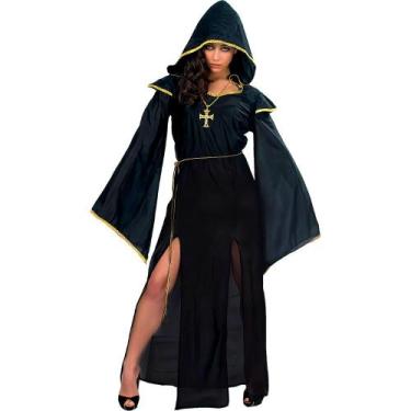 Imagem de Fantasia Halloween Bruxa Feminina Adulta Vestido Gotico Medieval Paga 